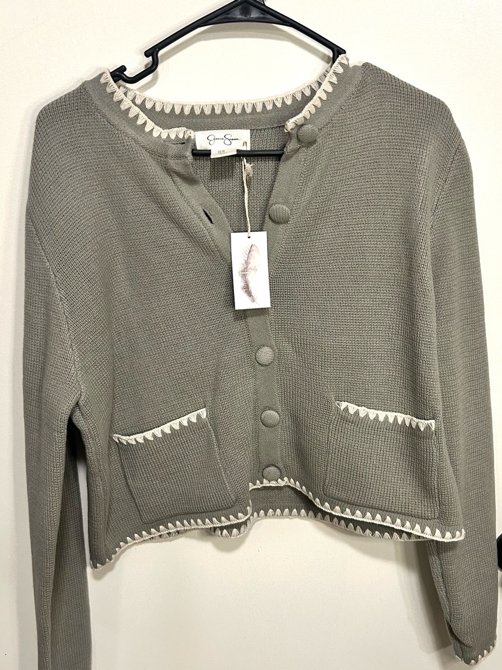 Jessica Simpson Cropped Knit Cardigan in Sage with Cream Trim
